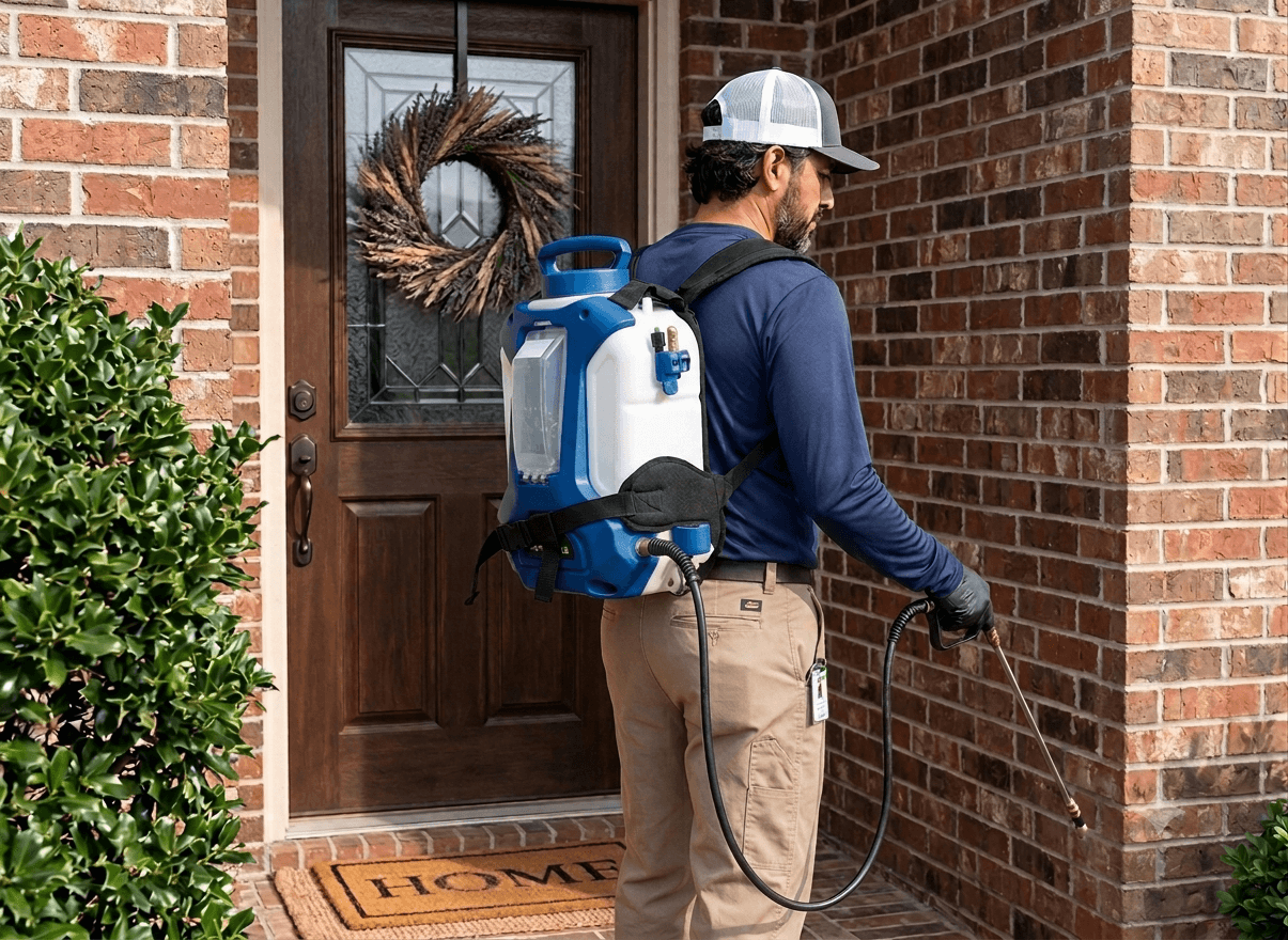 Licensed pest control technician treating the exterior of a brick home