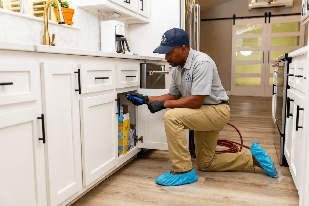 Licensed pest control technician treating under a kitchen cabinet